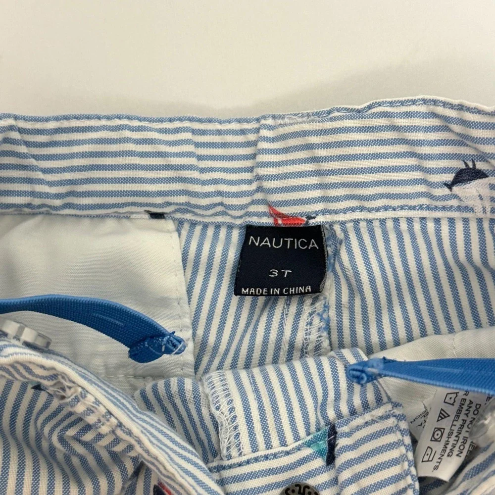 Nautica Boys 3T Blue White Striped Sailboat Print Chino Shorts Adjustable Waist